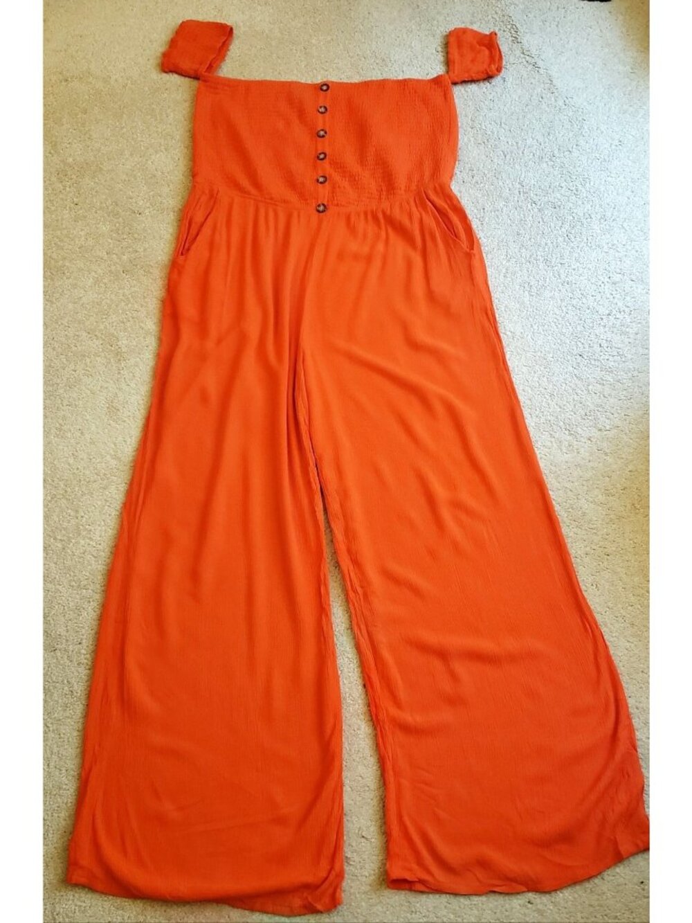 Venus Smocked Bodice Wide Leg Orange Gauzy Jumpsuit Tall Girl Friendly! Sz 22 EU